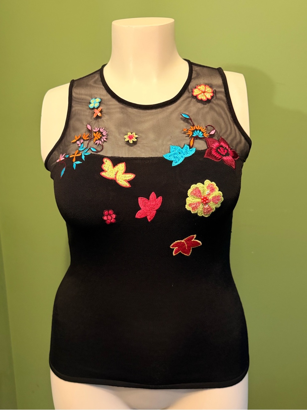 Black Mesh Floral Applique /Embroidery Colorful Ribbed  Tank Top